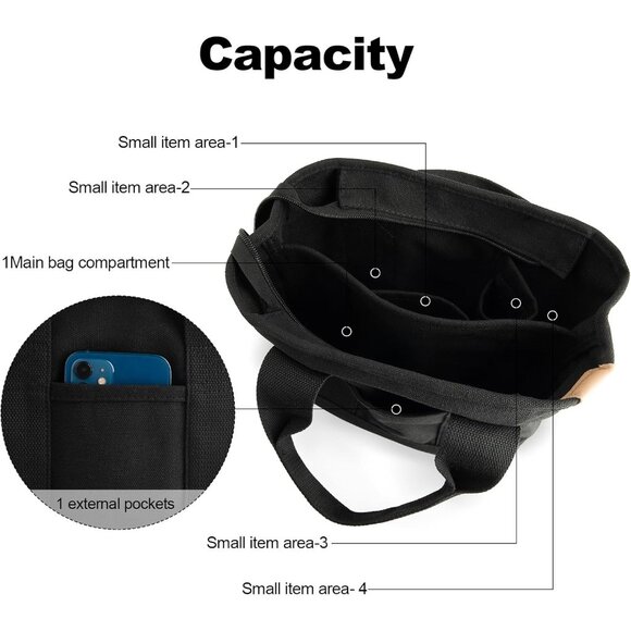 Women's Black Canvas Tote Bag With Multi Pockets Mini Shoulder Bags With Zipper - Picture 4 of 6